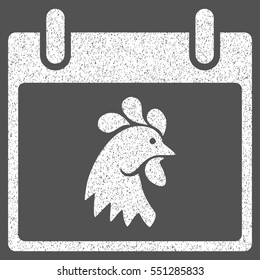 Rooster Head Calendar Day grainy textured icon for overlay watermark stamps. Flat symbol with unclean texture. Dotted vector white ink rubber seal stamp with grunge design on a gray background.