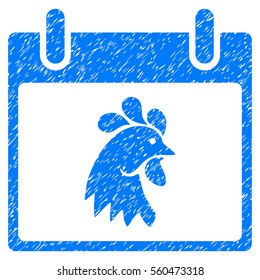 Rooster Head Calendar Day grainy textured icon for overlay watermark stamps. Flat symbol with unclean texture. Dotted vector blue ink rubber seal stamp with grunge design on a white background.