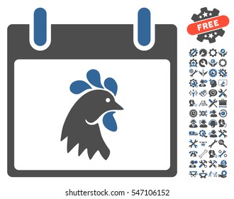 Rooster Head Calendar Day icon with bonus tools design elements. Vector illustration style is flat iconic symbols, cobalt and gray, white background.