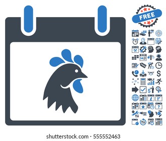 Rooster Head Calendar Day icon with bonus calendar and time management symbols. Vector illustration style is flat iconic symbols, smooth blue, white background.