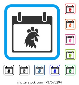 Rooster Head Calendar Day icon. Flat gray pictogram symbol inside a light blue rounded frame. Black, gray, green, blue, red, orange color additional versions of Rooster Head Calendar Day vector.