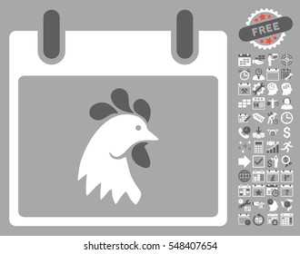 Rooster Head Calendar Day pictograph with bonus calendar and time management pictograph collection. Vector illustration style is flat iconic symbols, dark gray and white, silver background.