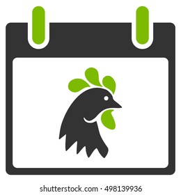 Rooster Head Calendar Day vector icon. Style is flat graphic bicolor symbol, eco green and gray colors, white background.