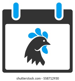Rooster Head Calendar Day vector toolbar icon. Style is bicolor flat icon symbol, blue and gray colors, white background.