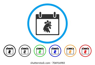 Rooster Head Calendar Day vector rounded icon. Image style is a flat gray icon symbol inside a blue circle. Additional color versions are grey, black, blue, green, red, orange.