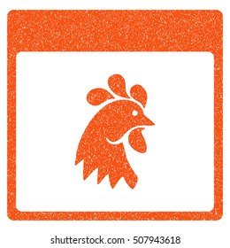 Rooster Head Calendar Page grainy textured icon for overlay watermark stamps. Flat symbol with dust texture. Dotted vector orange ink rubber seal stamp with grunge design on a white background.