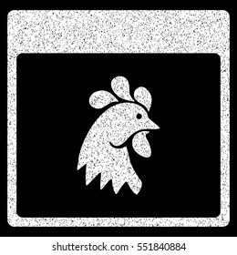Rooster Head Calendar Page grainy textured icon for overlay watermark stamps. Flat symbol with unclean texture. Dotted vector white ink rubber seal stamp with grunge design on a black background.