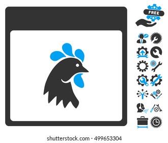 Rooster Head Calendar Page icon with bonus setup tools symbols. Vector illustration style is flat iconic symbols, blue and gray, white background.