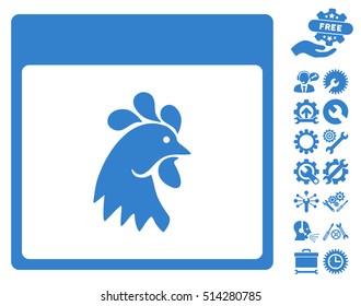Rooster Head Calendar Page icon with bonus tools pictograph collection. Vector illustration style is flat iconic symbols, cobalt, white background.