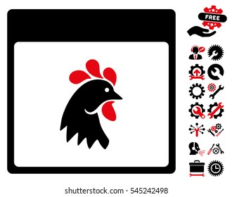 Rooster Head Calendar Page icon with bonus settings pictograph collection. Vector illustration style is flat iconic symbols, intensive red and black, white background.