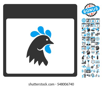 Rooster Head Calendar Page icon with bonus calendar and time management pictograms. Vector illustration style is flat iconic symbols, blue and gray, white background.