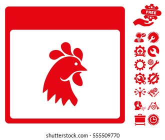 Rooster Head Calendar Page icon with bonus settings design elements. Vector illustration style is flat iconic symbols, red, white background.