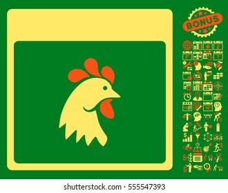 Rooster Head Calendar Page icon with bonus calendar and time management graphic icons. Vector illustration style is flat iconic symbols, orange and yellow, green background.