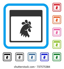 Rooster Head Calendar Page icon. Flat grey iconic symbol inside a light blue rounded rectangle. Black, gray, green, blue, red, orange color versions of Rooster Head Calendar Page vector.