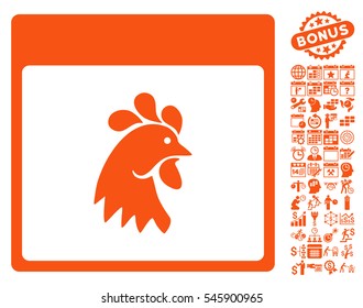 Rooster Head Calendar Page pictograph with bonus calendar and time management graphic icons. Vector illustration style is flat iconic symbols, orange, white background.