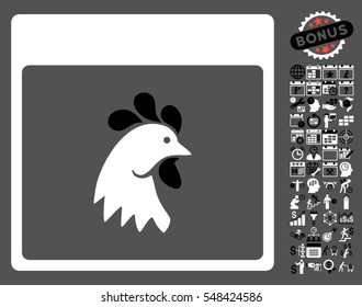 Rooster Head Calendar Page pictograph with bonus calendar and time management clip art. Vector illustration style is flat iconic symbols, black and white, gray background.