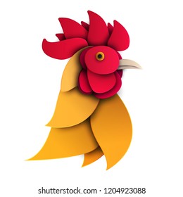 Rooster head. Cartoon farm bird in trendy paper cut craft graphic style. Modern design for advertising, branding greeting card, cover, poster, banner. Vector illustration.