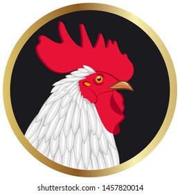 Rooster. Сockerel head in a circle. Vector illustration isolated on black.