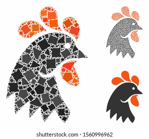 Rooster head composition of rugged items in variable sizes and color tones, based on rooster head icon. Vector uneven items are combined into collage. Rooster head icons collage with dotted pattern.