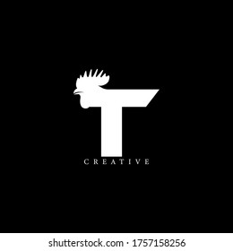 Rooster head concept simple flat T letter logo design. Vector EPS10.