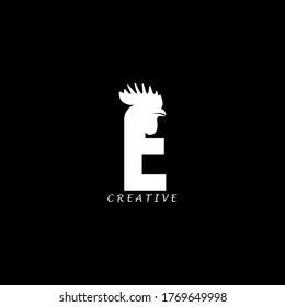 Rooster head concept simple flat E letter logo design. Vector EPS10.