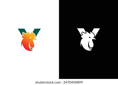 Rooster head concept simple flat Y letter logo design. Letter Y chicken Rooster logo icon vector template.