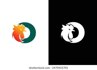 Rooster head concept simple flat O letter logo design. Letter O chicken Rooster logo icon vector template.