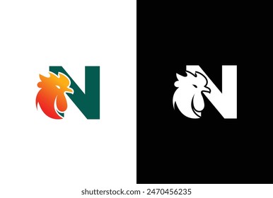 Rooster head concept simple flat N letter logo design. Letter N chicken Rooster logo icon vector template.