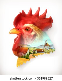 Rooster head, double exposure vector illustration