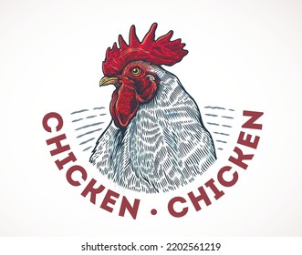 Rooster head drawing in graphic style, created in the form of a label. Vector illustration.