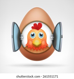 rooster head in egg with open glass window frame farming and food theme vector illustration isolated on white
