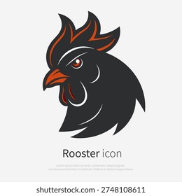 Rooster head icon side view isolated on white background. Vector illustration of chicken mascot with red color accents in modern flat style.