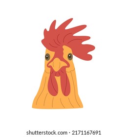 Rooster head. Important bird with beautiful red crest looks straight ahead. Colorful vector isolated hand drawn illustration. Poultry breeding concept, rural life, farming. Village life. Single icon