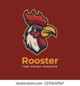 Rooster head logo design template. Vector illustration of rooster head mascot. flat color