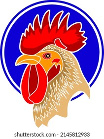 rooster head logo illustration, isolated on a blue circle.
