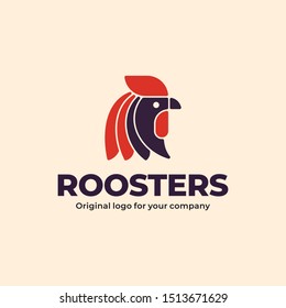 Rooster head logowith red and dark purple color. Creative rooster head logo design inspiration. can be used as symbols, brand identity, company logo, icons, or others. Color and text can be changed ac