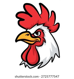 Logo de la Mascota de la Cabeza de Gallo. Ilustración vectorial de gallo enojado. Personaje de dibujos animados de cabeza de pollo. Gallo de la mascota del Equipo deportivo. Gallus gallus domesticus Logo Perfil. Ilustración vectorial de aves de corral de animales de granja. 