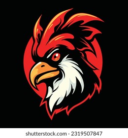 Rooster Head Mascot Logo for Esport. Rooster T-shirt Design. Isolated on Black Background