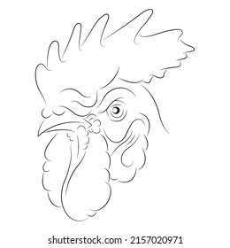 Rooster head in a minimalist style. The design is suitable for modern tattoos, decor, logo, badge, symbol of the year, farmland, t-shirt printing and apparel. Isolated vector illustration