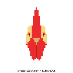Rooster head in pixel art style made of small colored squares
