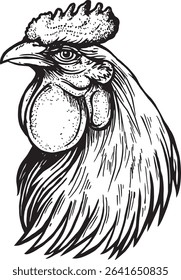 Rooster head portrait illustration, drawing, ink, line art, vector
