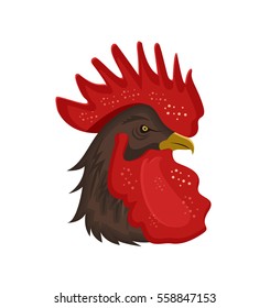 Rooster head with red comb isolated on white background. Creative vector illustration. Logo or emblem design element.