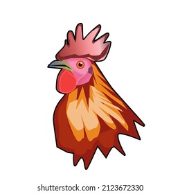 rooster head, side view.Cockscomb and spur are yellow and pink.The bright yellow eyes shone brightly.Isolated vector illustration on a white background.