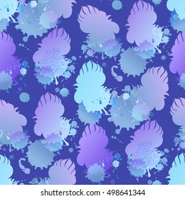 Rooster head silhouette in blue colors. Vector seamless pattern.