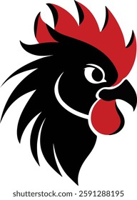 Rooster Head Vector Illustration, Black and Red on White