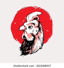 Rooster head vector illustration with red sun behind it in japanese style. modern minimalist Good for T-shirt and apparel product