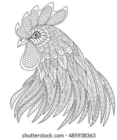 Rooster head in zentangle style. Symbol of Chinese New Year. Adult anti stress coloring page. Black and white hand drawn doodle for coloring book