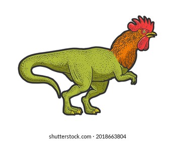 rooster headed tyrannosaurus dinosaur bird color sketch engraving vector illustration. T-shirt apparel print design. Scratch board imitation. Black and white hand drawn image.