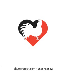 Rooster heart shape concept logo design. Chicken restaurant vector logo sign. Red cock logo symbol. Rooster logo concept.	