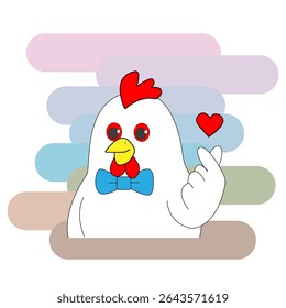 Rooster or hen in blue butterfly showing heart. Illustration. Children's illustration for packaging or cafe logo. Vector, all details separate, background, bird shows love